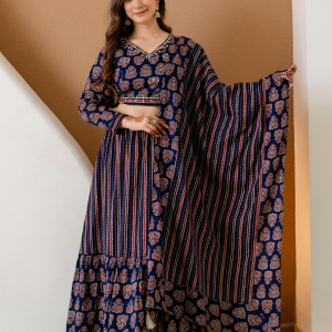 Auvoria Navy Blue Handcrafted Printed Lehenga Set